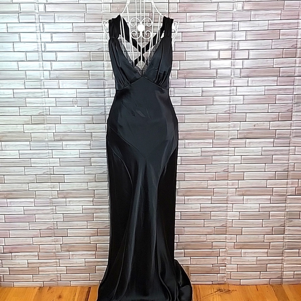 Jovani Black Satin Maxi Dress with Plunging V-Neck